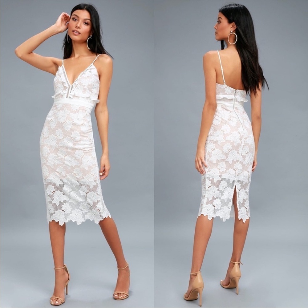 NWT Bardot White Tan Sheath Midi Dress with Plunge Neckline